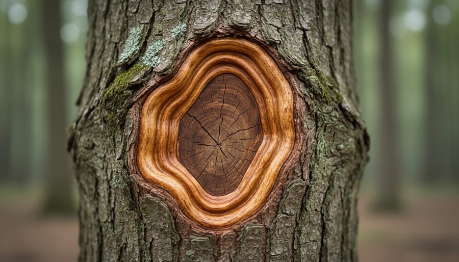 Close-up of a tree trunk bark tear with natural callus edges forming around the wound