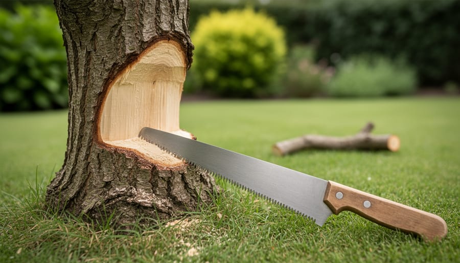 “Close-up of a tree trunk wound with trimmed bark edges and a pruning saw in a yard garden setting”