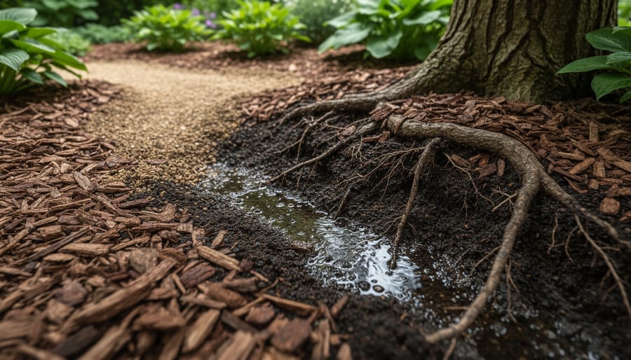 Exposed soil in a mulched shade garden bed showing different soil textures