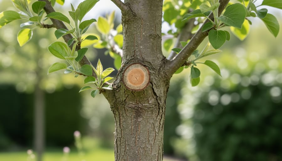 Young tree trunk showing an early healing stage around a small pruning cut, photographed in golden hour sunlight