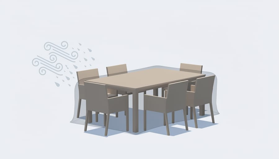 Person adjusting a patio furniture cover to ensure it fits securely over an outdoor bench