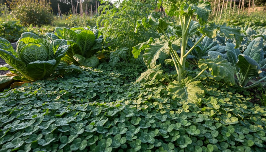 White clover living mulch spreading around healthy vegetable plants in a garden bed.