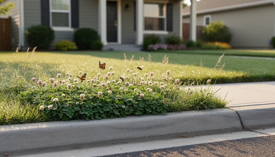 A front yard clover lawn with native grasses and a bee near the white clover blossoms.