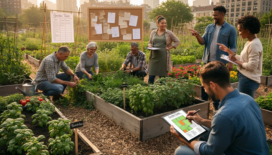 Volunteer kneeling in a community garden holding a smartphone near labeled planters and rows of plants.
