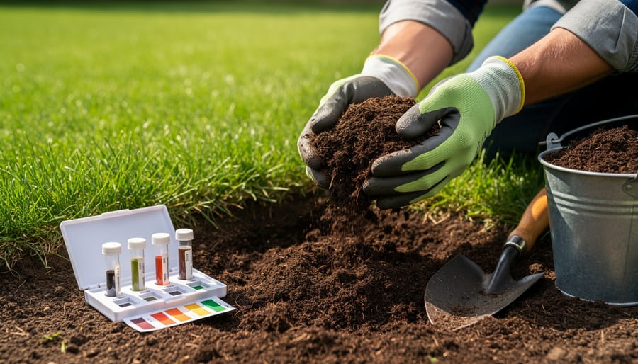Compost and a soil test kit placed on soil in a garden bed with a garden fork ready for mixing.