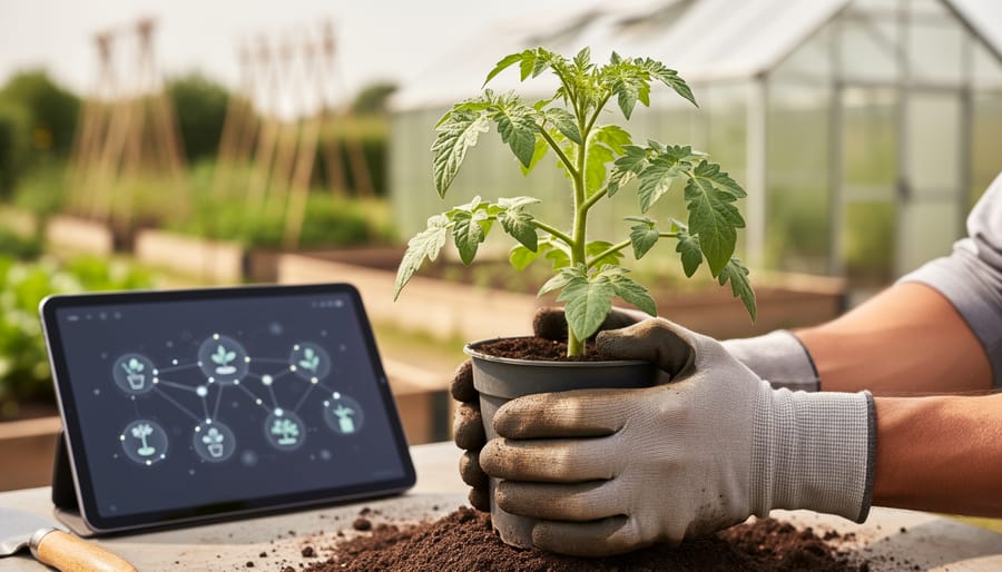 A gardener’s gloved hands holding a healthy potted tomato plant beside a tablet that suggests organized digital plant knowledge without any readable text.