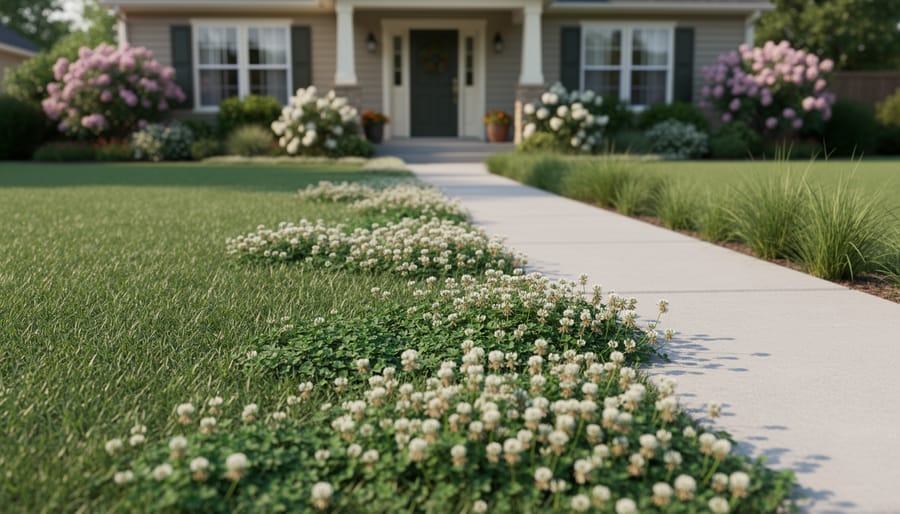 Eco-friendly lawn with low-mow grasses and white clover patches along a walkway in a well-kept suburban front yard.