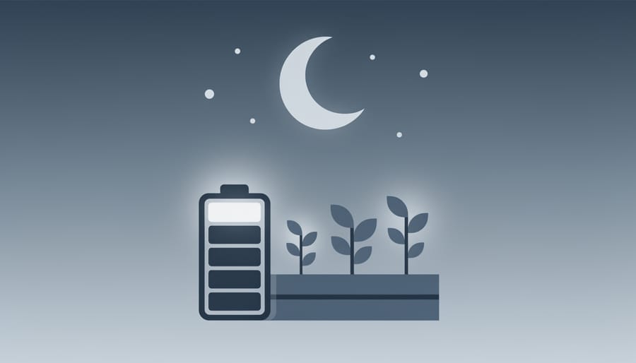 Battery storage enclosure in a garden utility area for solar energy nighttime use