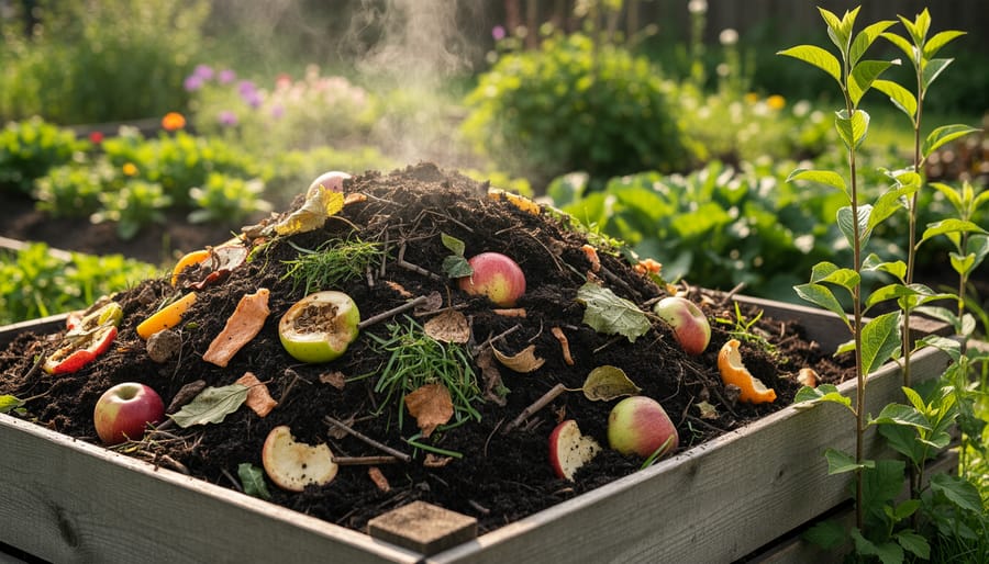 Gardener’s hands placing chopped leaves into an open compost bin in a garden.