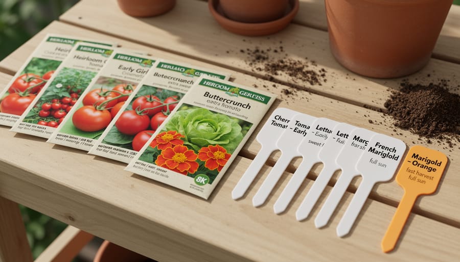 Seed packets and plant labels on a wooden bench with gardeners’ hands reaching in as they compare plant descriptions.