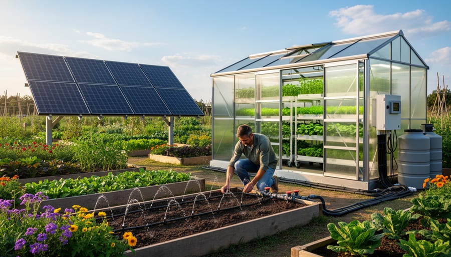 Solar panel beside a greenhouse drip irrigation line with water droplets on nearby leaves