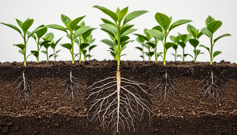 Macro view of plant roots in dark soil with compost texture and small natural details in a garden bed.