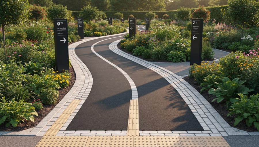 High-contrast textured pavers and low rope lighting define a garden walkway edge near raised planting beds.