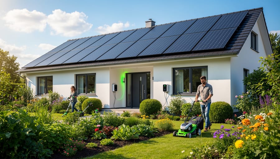 Solar panels mounted on a home roof with sunlight reflecting off the panel surface.