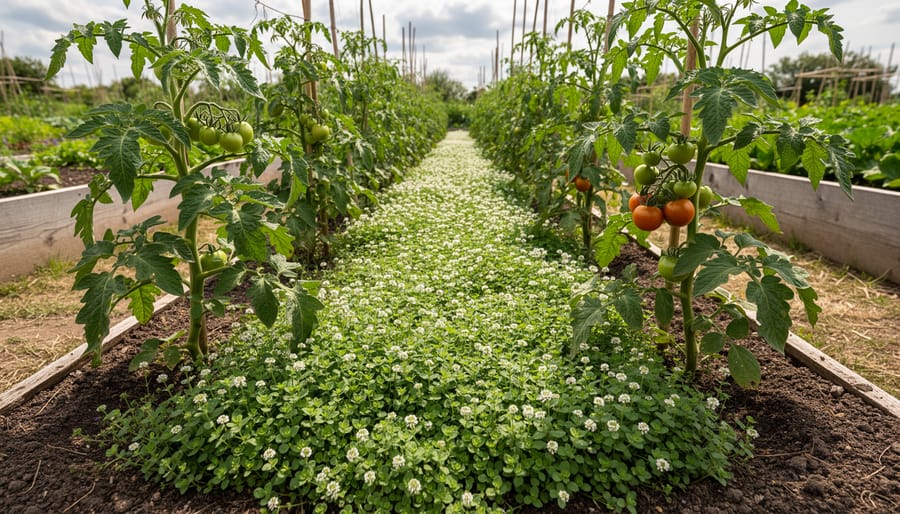 Living mulch plants like clover and creeping thyme growing between tomato plants in a covered garden bed with healthy soil.