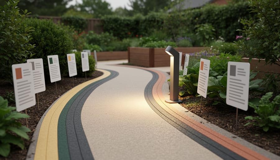 Garden walkway with tactile high-contrast edging, color-differentiated borders, and a softly lit motion-sensor style garden light guiding safe, independent navigation.