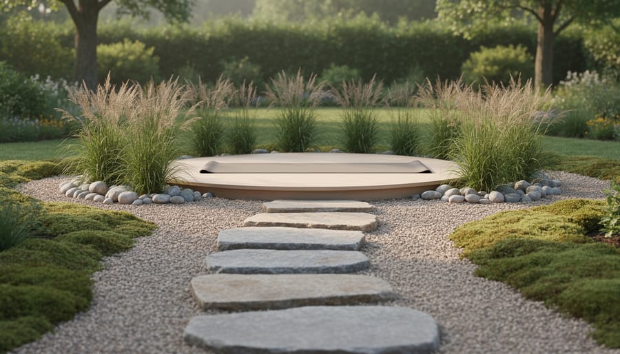 Person meditating on a cushion between stepping stones leading toward a focal tree in a spiritual garden.