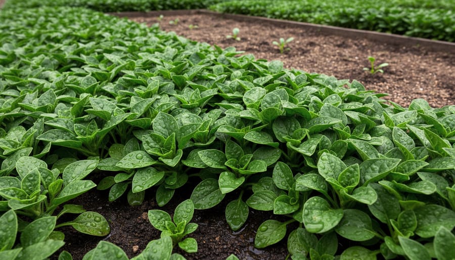 Close-up of moist dark soil with living mulch vegetation beneath an established garden crop.