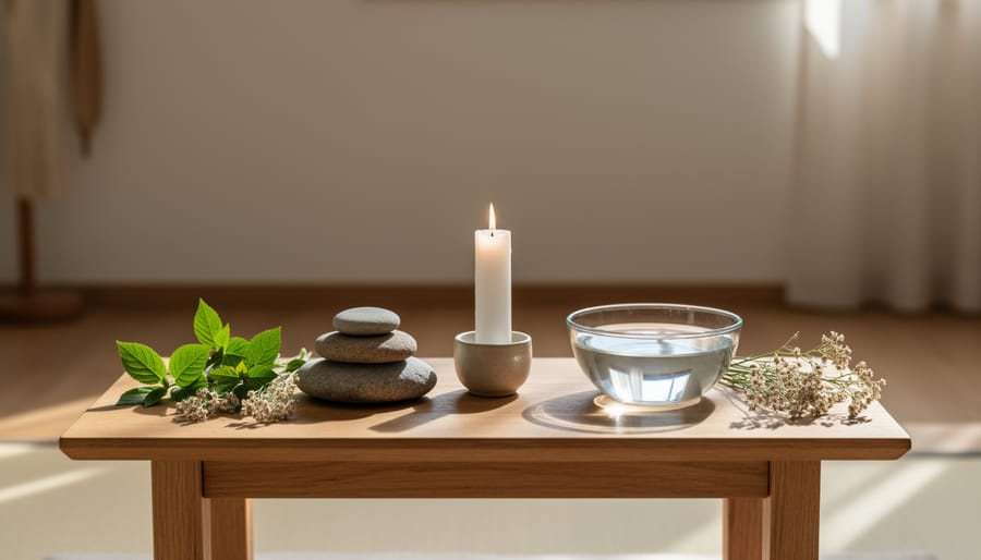 Close-up of a natural stone focal point with a ceramic bowl of water, rose petals, and sea glass in a spiritual garden.