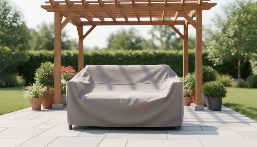 Outdoor loveseat under a wooden pergola with a protective patio furniture cover draped over it