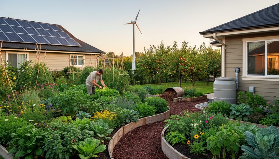 Solar panels installed along the edge of a permaculture garden with a greenhouse and raised beds