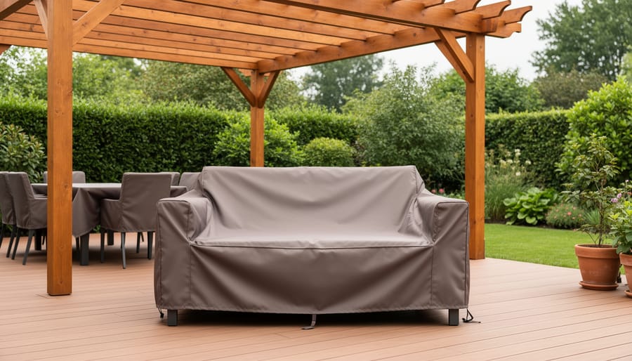 Waterproof patio furniture covers fitted over a loveseat and dining furniture under a wooden pergola on a backyard patio.