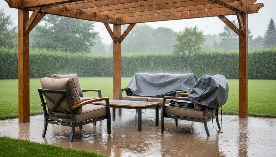 Outdoor patio furniture with rainwater on uncovered surfaces and a bench protected by a cover