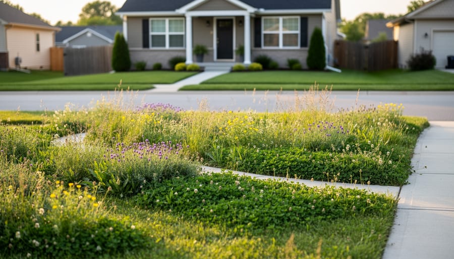 A hand-powered reel mower mowing a clover and native grass lawn during golden hour.
