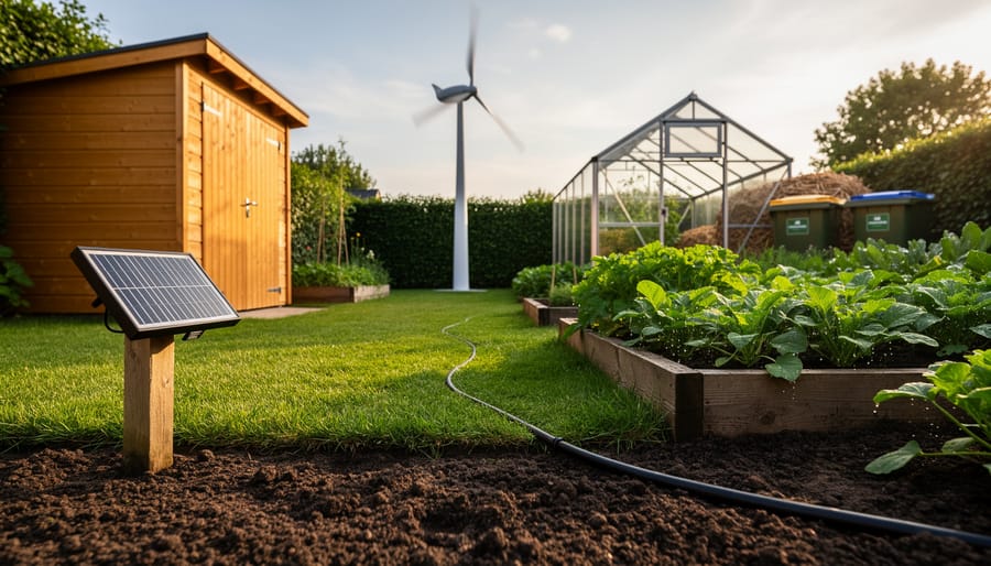 Eco-friendly garden yard with solar panels near a shed, a small wind turbine, and drip irrigation lines powering healthy plants.