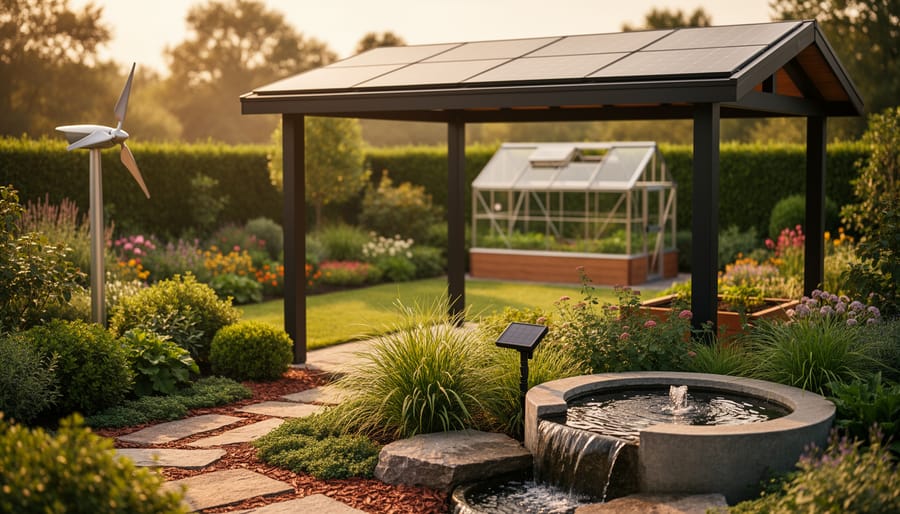 Modern garden landscape at sunset with solar panels on a pergola, a small wind turbine, and a solar-powered water feature among green plants.
