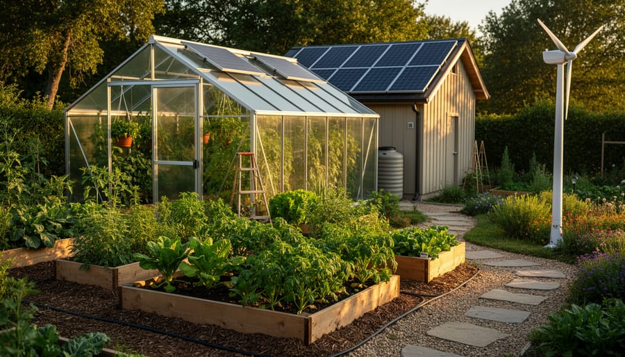 Permaculture garden with raised vegetable beds and integrated renewable energy elements, including solar panels and a small wind turbine, under warm sunlight.