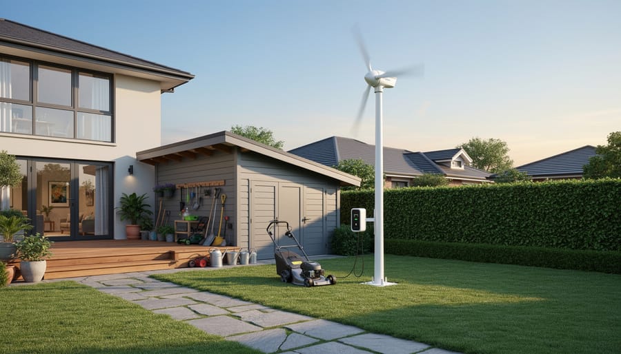 Small wind turbine spinning beside a garden shed in a residential yard.