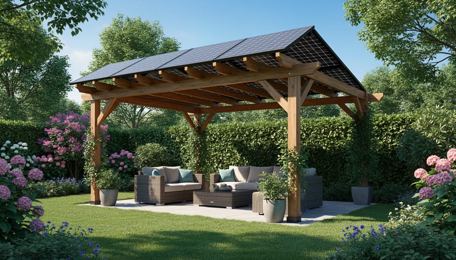Solar panels mounted on a wooden pergola above a garden seating area