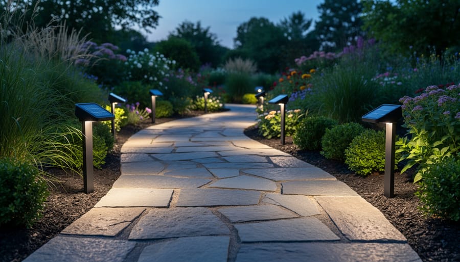 Solar pathway lights glowing along a stone garden path at golden hour