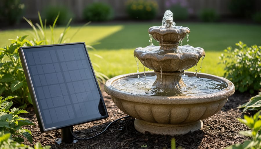 Solar panel powering a fountain pump in a garden pond with water spraying upward