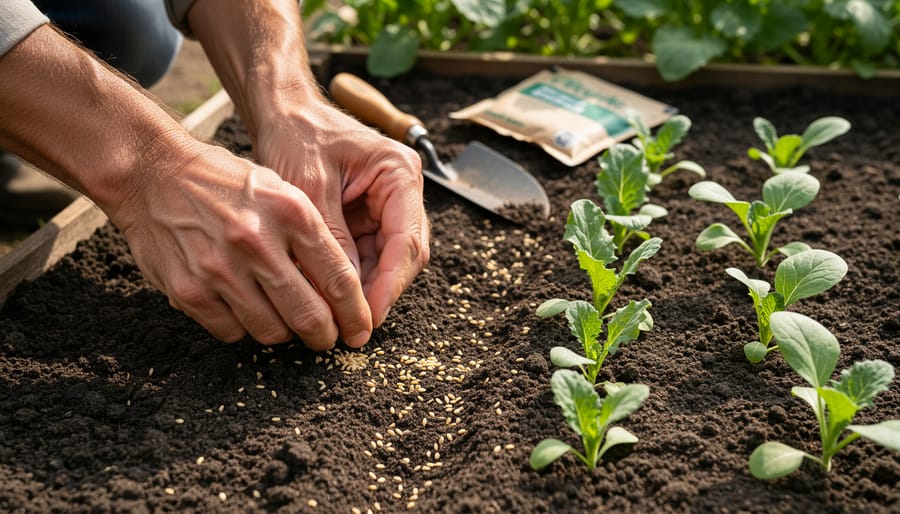 Gardener’s hands sowing living mulch seeds between young seedlings in prepared soil.