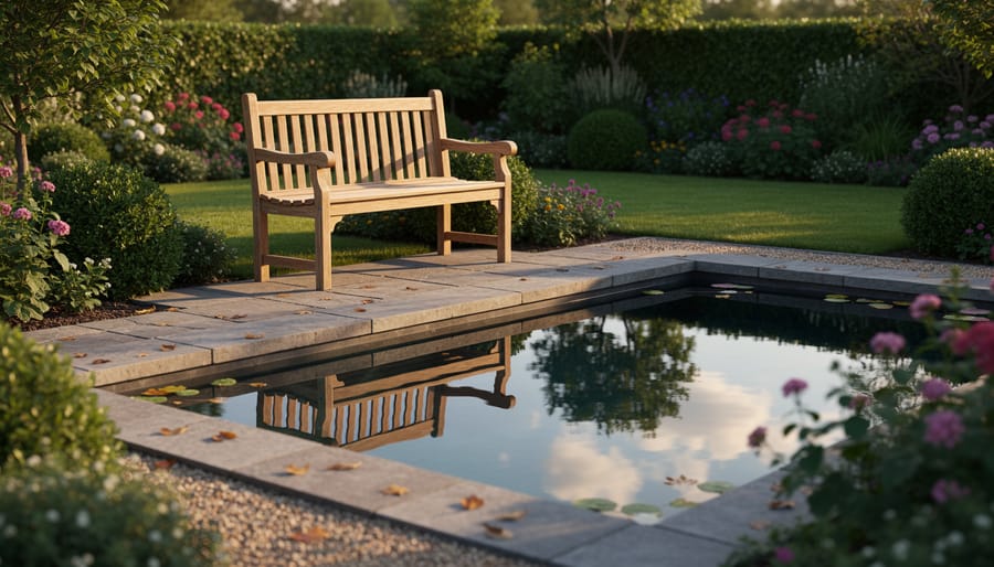 Bench overlooking a small reflecting pool with stones and flowering herbs in a quiet backyard spiritual garden.