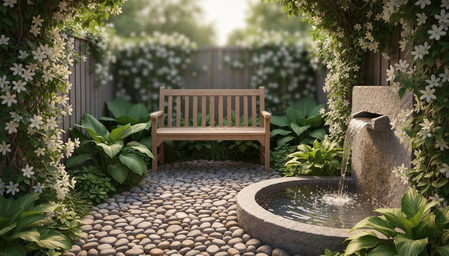 Enclosed seating area in a spiritual garden with smooth river stones, a trickling water feature, and jasmine-like plants under soft daylight.