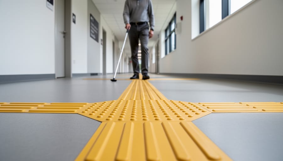 Textured outdoor tactile tiles placed at a garden path intersection near a bench.
