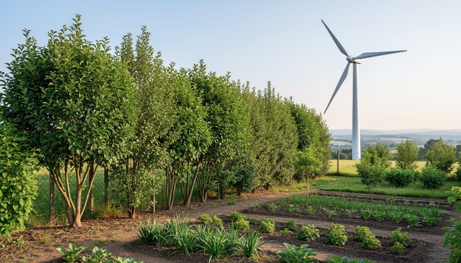 Small wind turbine positioned near a hedgerow on a permaculture-style property